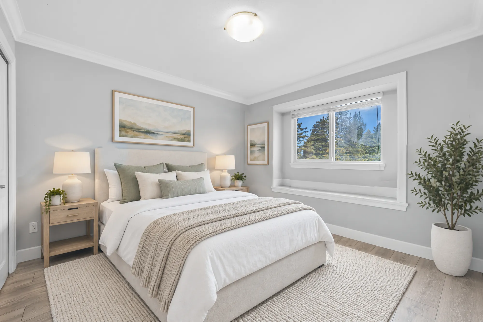 A bedroom virtually staged: a bed with sage and white bedding, a night table and lamp, a tall plant, a window seat