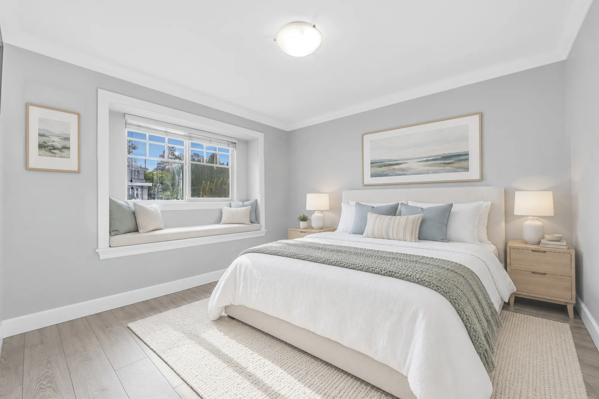 A bedroom virtually staged: a bed with white bedding and a green throw, two night tables and lamps, a window seat with cushions