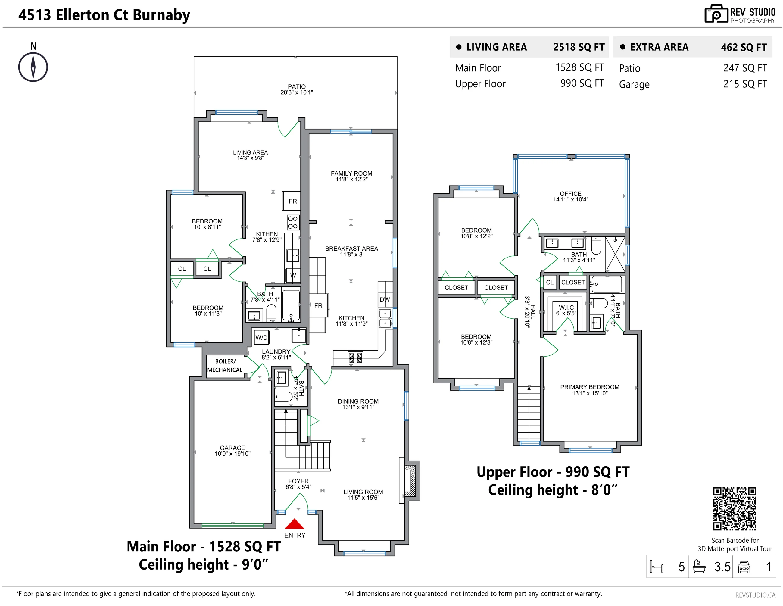 Floor plan of 4513 Ellerton Court: the main floor with the living and dining room, the foyer, the kitchen, breakfast area and family room, the laundry, a powder room, the garage and the guest suite with its living area, kitchen, two bedrooms and bathroom; the upper floor with the primary bedroom and its bathroom, two bedrooms, an office and a bathroom