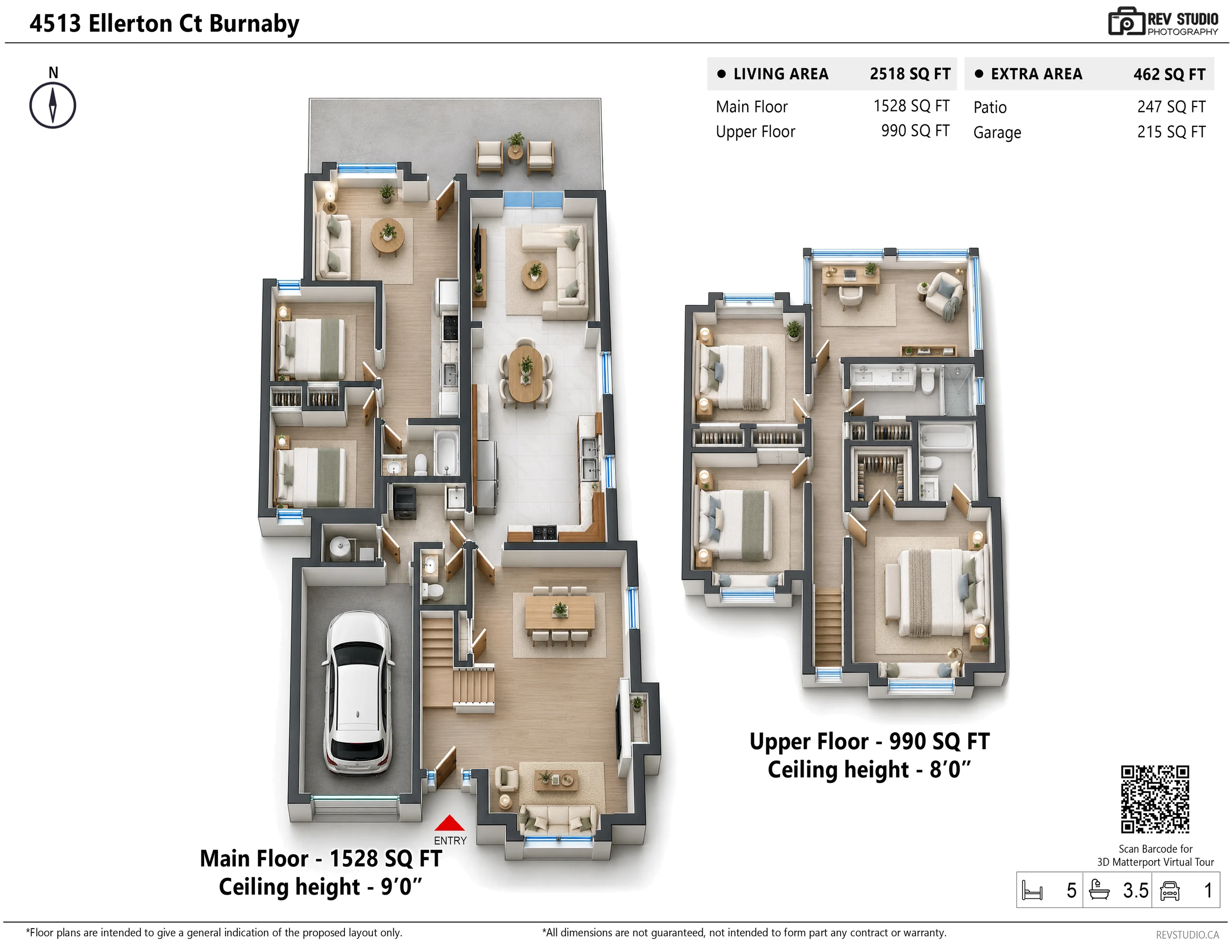 The floor plan drawn in 3D from above, both floors in the same place as on the drawing above, with furniture drawn in