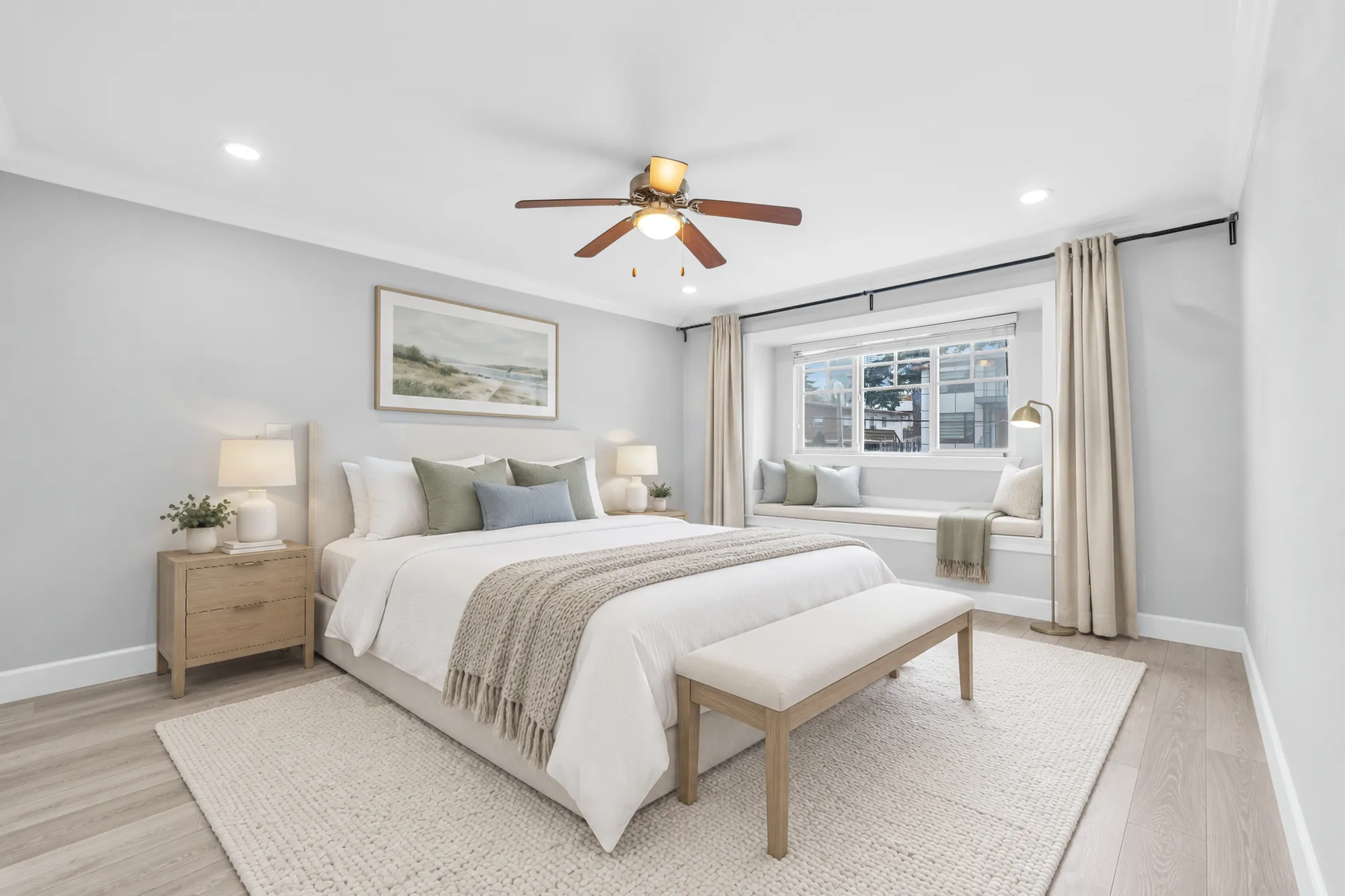 The primary bedroom virtually staged: a bed with white and sage bedding, wood night tables and lamps, a bench, a window seat with cushions, a ceiling fan